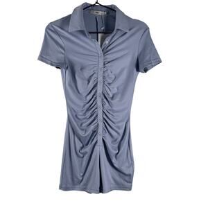 NWT Adika Womens Blue Collared Button Front Ruffle Casual Playsuit Romper Size S